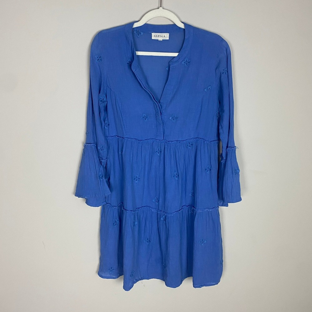 Aspiga Embroidered Tiered Mini Dress Organic Cotton Small Blue Bell Sleeves
